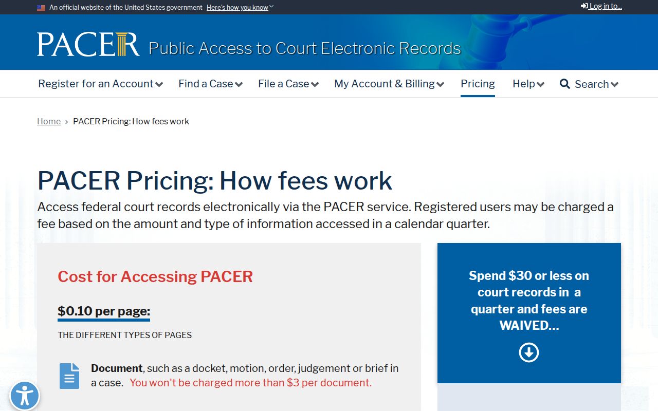 Federal PACER fee information for Hamilton County federal warrant record searches