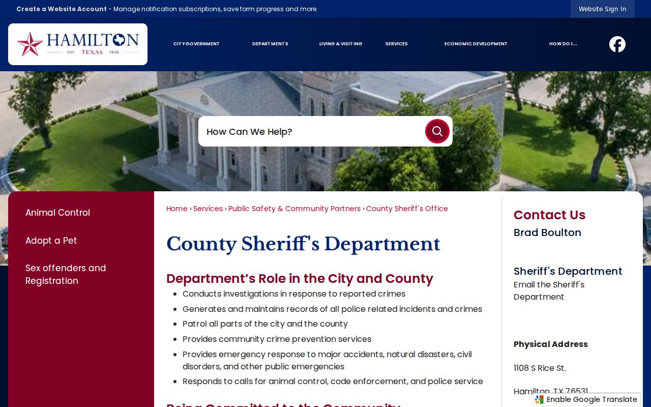 Hamilton city warrant records route through the county sheriff service